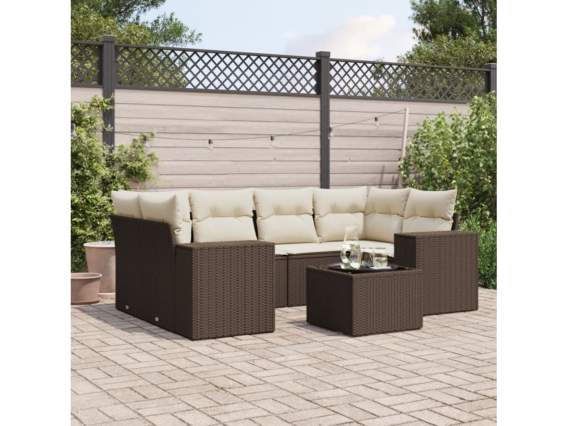 Vidaxl 7 Pcs Conjunto De Sofás Jardim C/ Almofadões Vime Pe Castanho