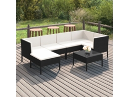 7 Pcs Conjunto Lounge De Jardim C/ Almofadões Vime Pe Preto Dkd Home Decor