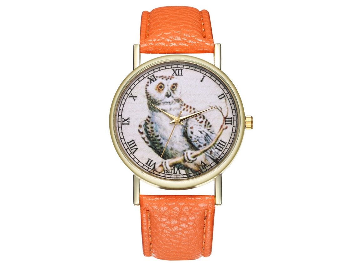 Relógio de pulso de quartzo elegante e moderno para mulheres e homens com estampa de pôster laranja.