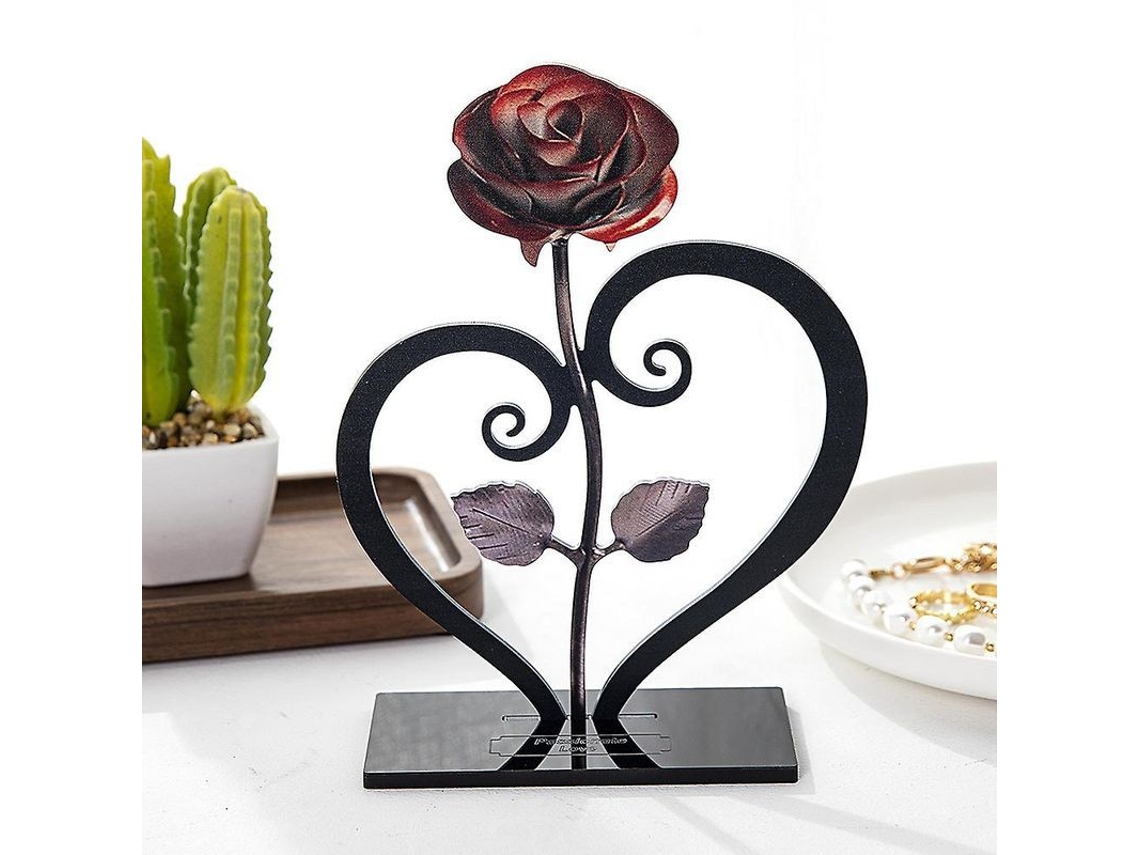 Rosa De Metal Vermelha Forjada À Mão Com Base Em Forma De Coração Para Presente