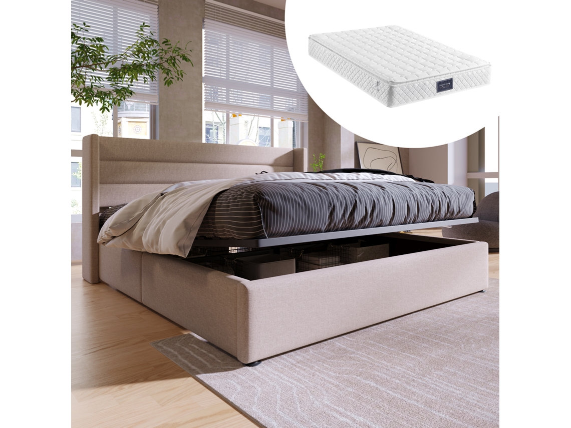 Cama De Espaço 140x200cm Bege Com Colchão E Base De Madeira