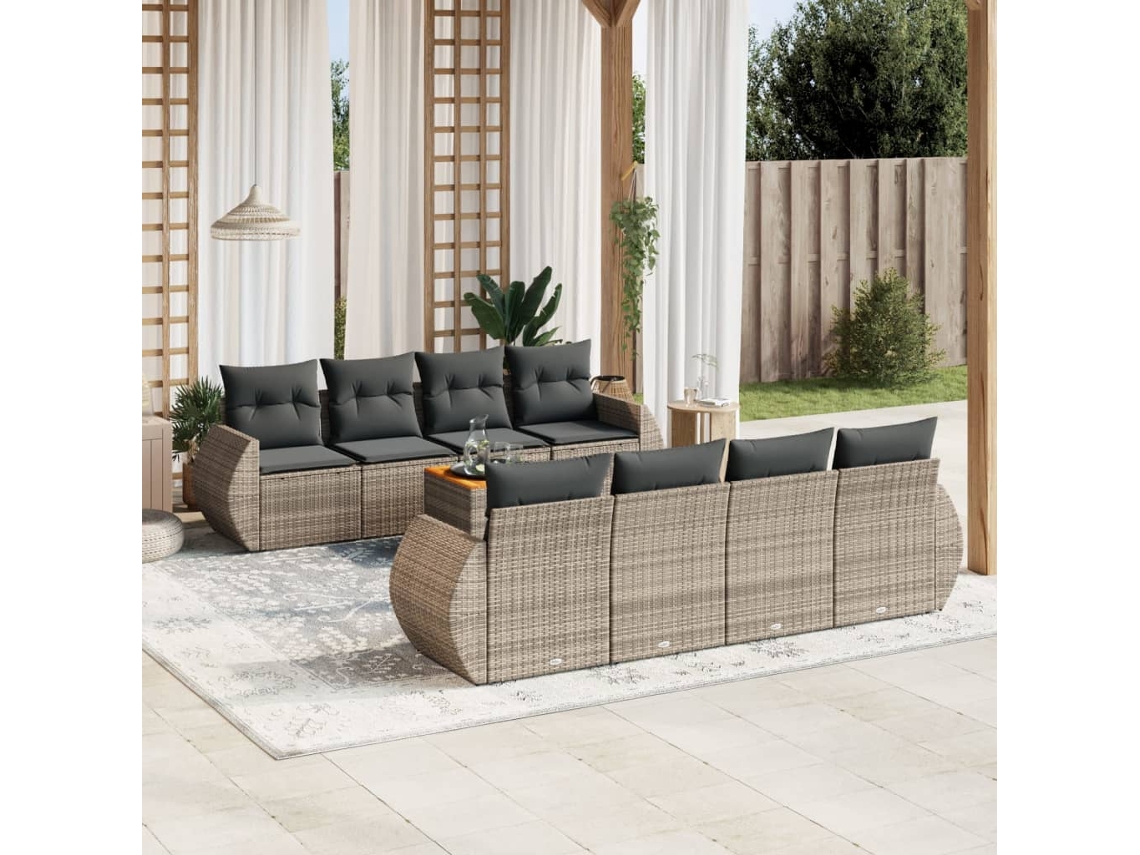 Vidaxl 9 Pcs Conjunto Sofás P/ Jardim Com Almofadões Vime Pe Cinzento