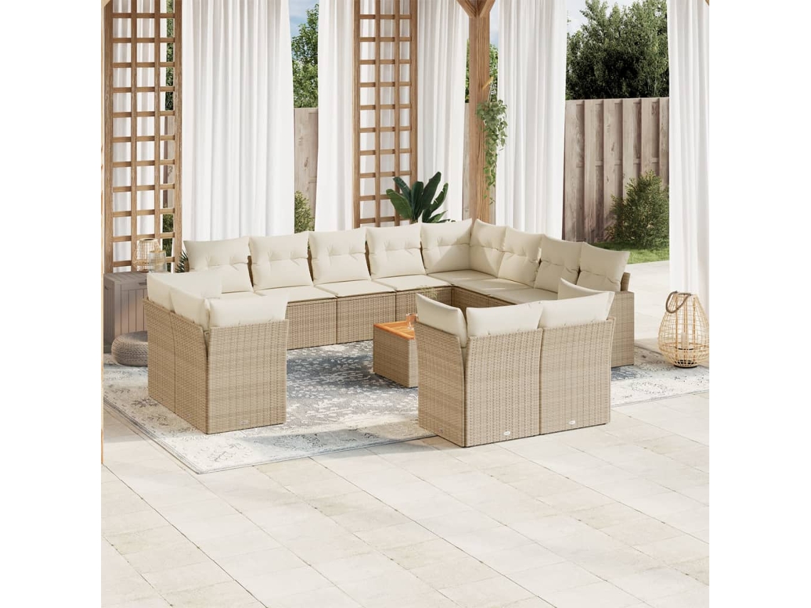 Vidaxl 13 Pcs Conjunto De Sofás P/ Jardim Com Almofadões Vime Pe Bege