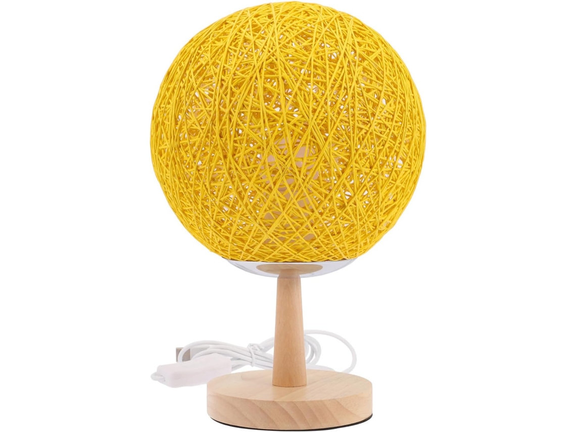 Luminária de mesa LED Lurrose em rattan amarelo com cúpula esférica, luminária decorativa para ambientes.