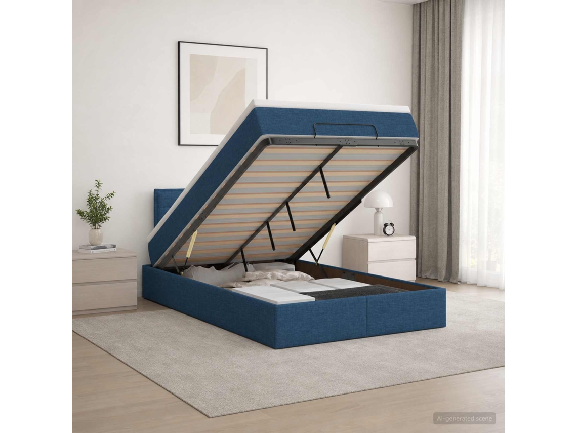 Vidaxl Cama Ottoman Com Colchão Com Cabeceira Azul 120 X 200 Cm Tecido