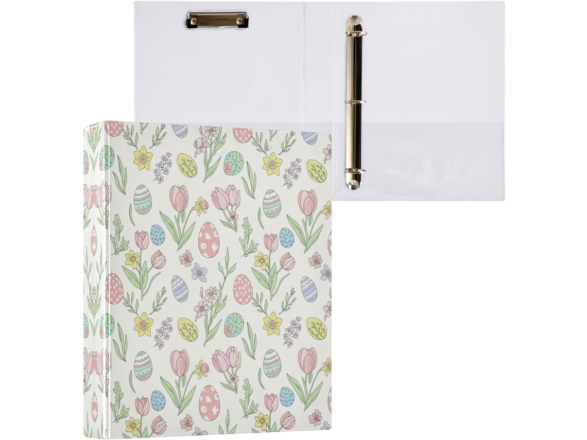 Pasta de 3 Argolas para Papel Tamanho Carta , Lindas Estampas Ovos Páscoa com Prancheta, Pranc (27,9 X 21,6 Cm)