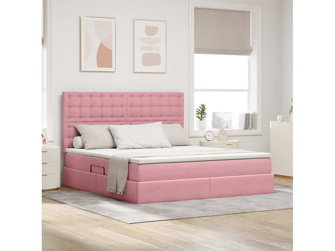 Vidaxl Cama De Armazenamento Led Com Colchão Rosa 180 X 200 Cm Veludo