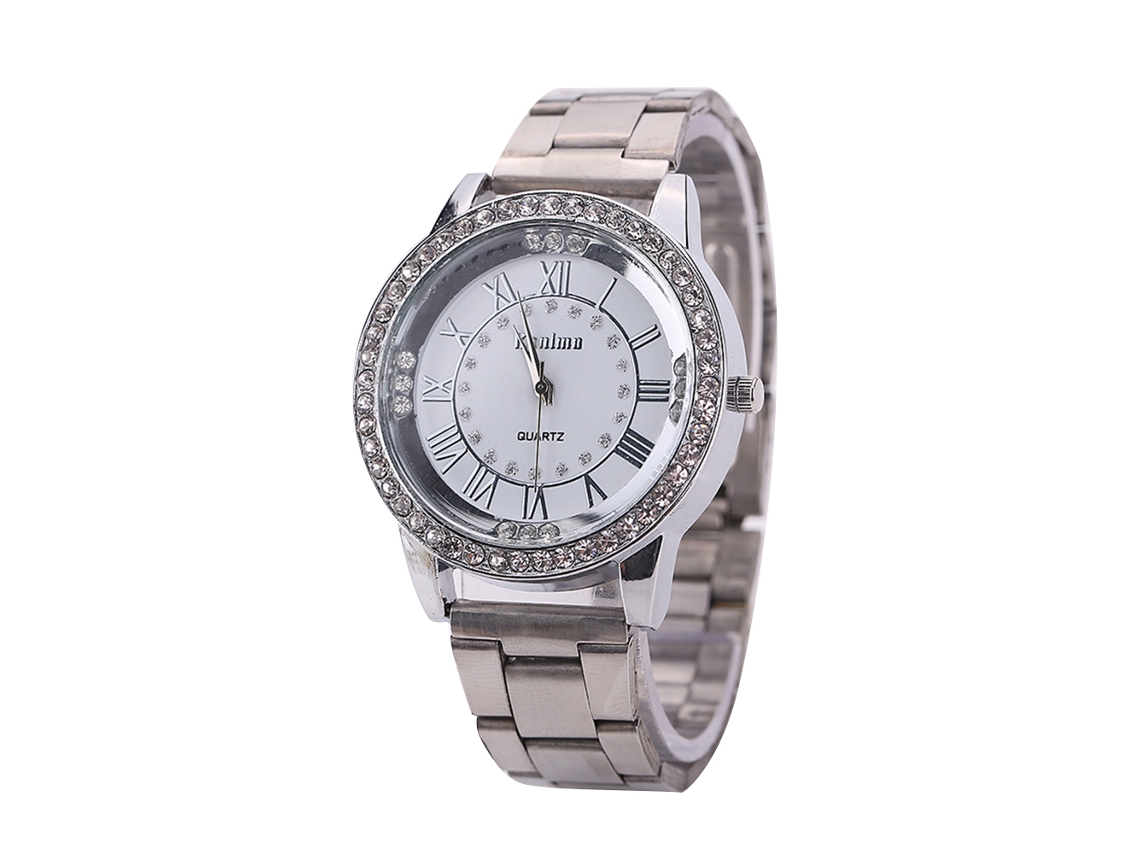 Relógio de Pulseira Feminino Casual Fashionável Quartzo com Strass Prata
