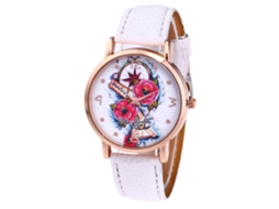 Relógio casual de quartzo para estudantes com pulseira de couro PU, mostrador redondo, branco.
