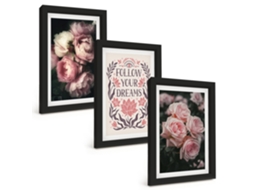 Galeria De Pinturas Murais Inscrição Sonhos De Rosas Vintage Moldura Preta Fotos Para O Escritório Espelharte (3 Peças 20x30 Cm)
