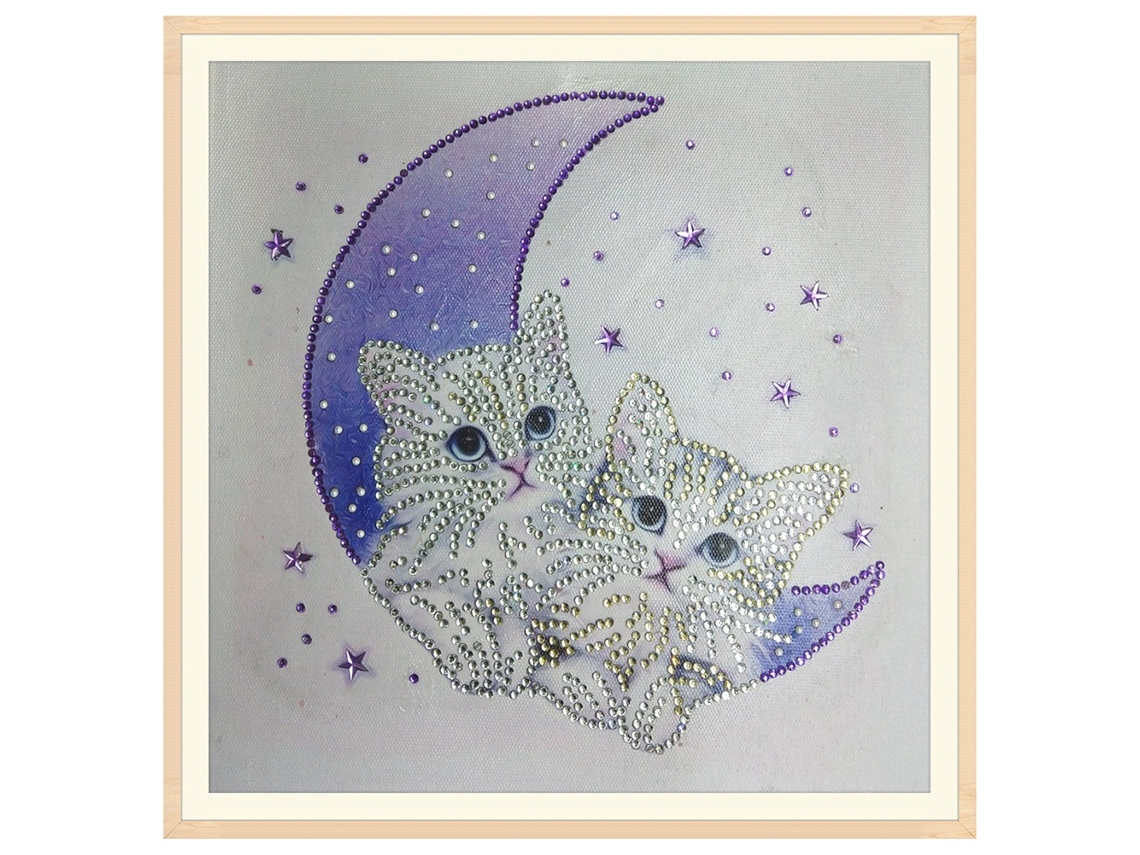 Pintura de Diamante DIY Strass Bordado Arte Gato da Lua | S/MARCA