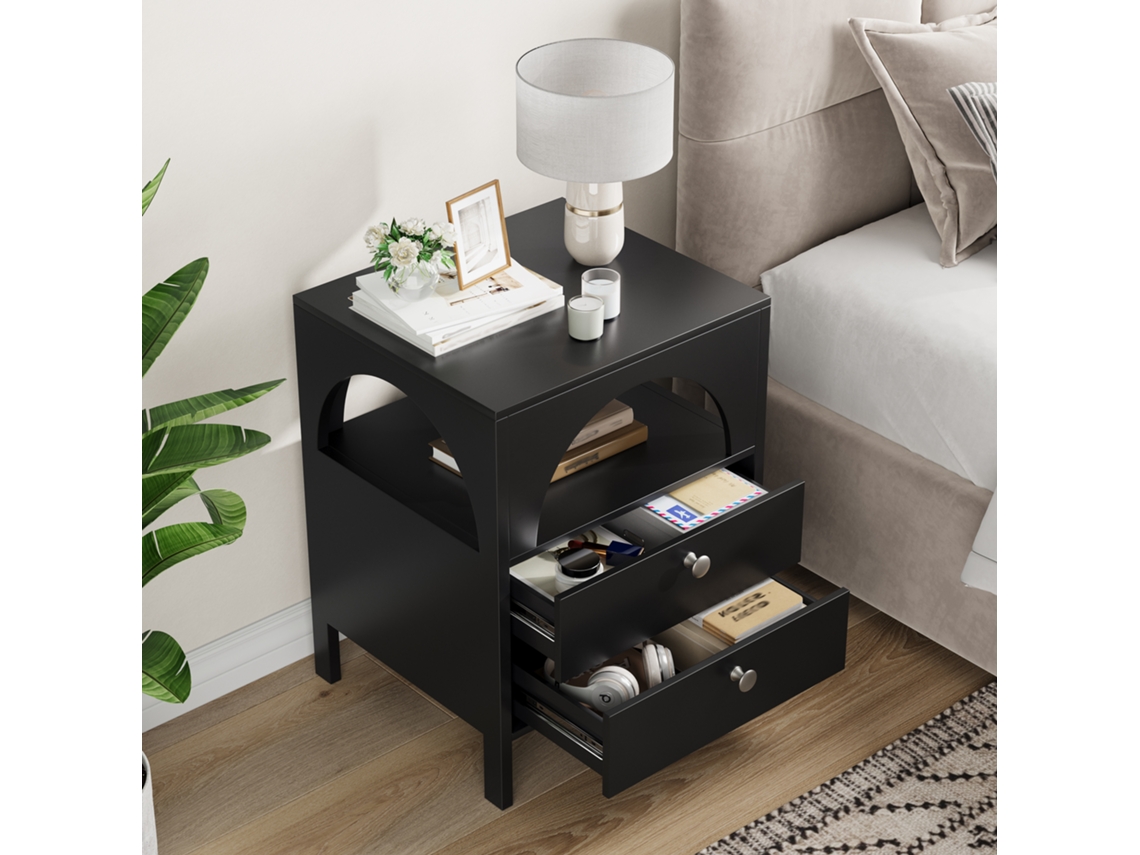 Mesa De Cabeceira Moderna Com 2 Gavetas E 1 Compartimento Aberto, Adequada Para Sala De Estar, Quarto E Corredor, Preta, 45 X 40 X 58 Cm, 1 Unid.