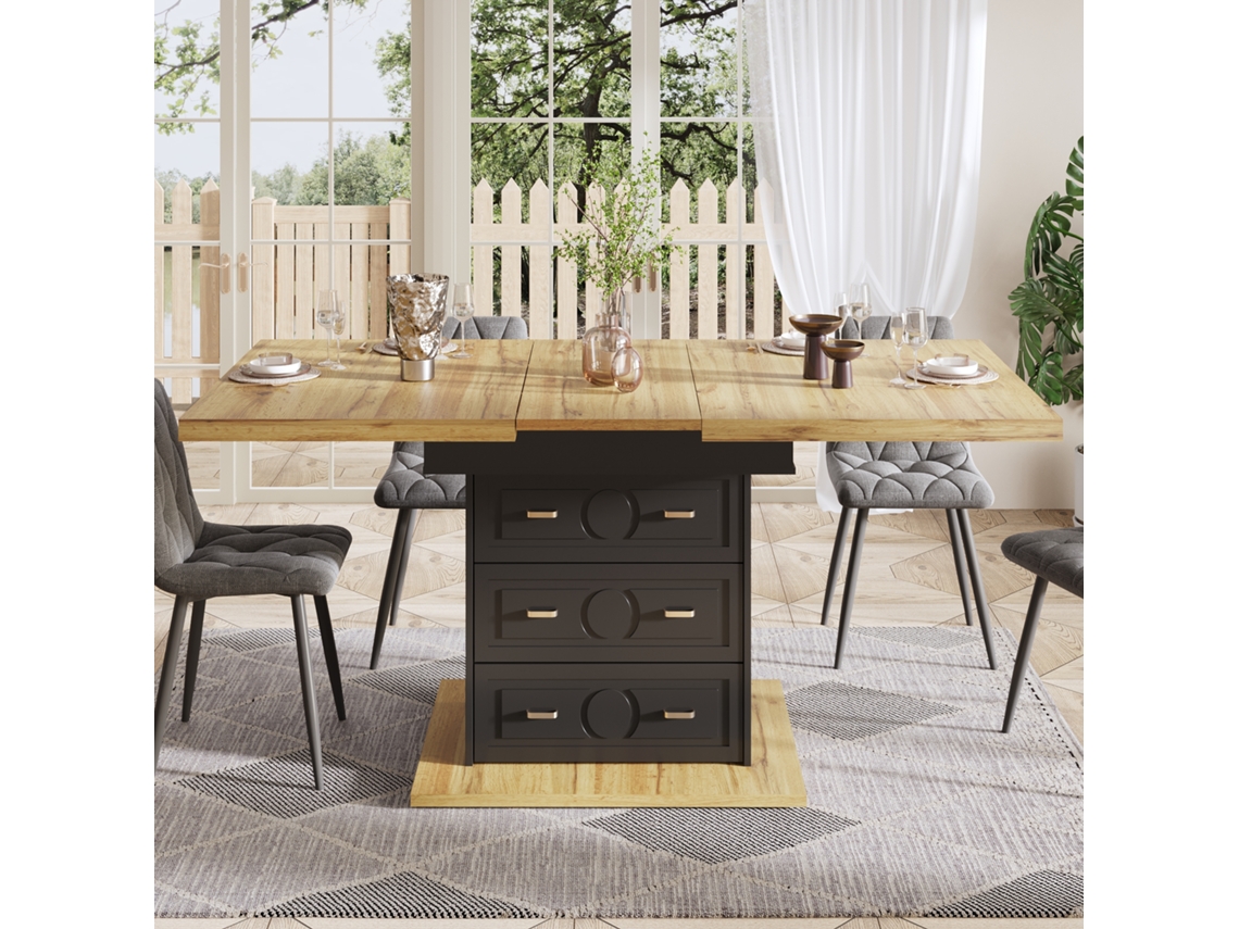 Mesa Em Madeira Extensível 110-140×80×75cm Tampo Com Veios Para Seis Pessoas Terraço E Interior