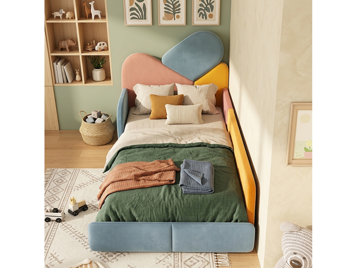Cama Estofada Para Crianças Veludo Azul+multicolor 90x200 Cm