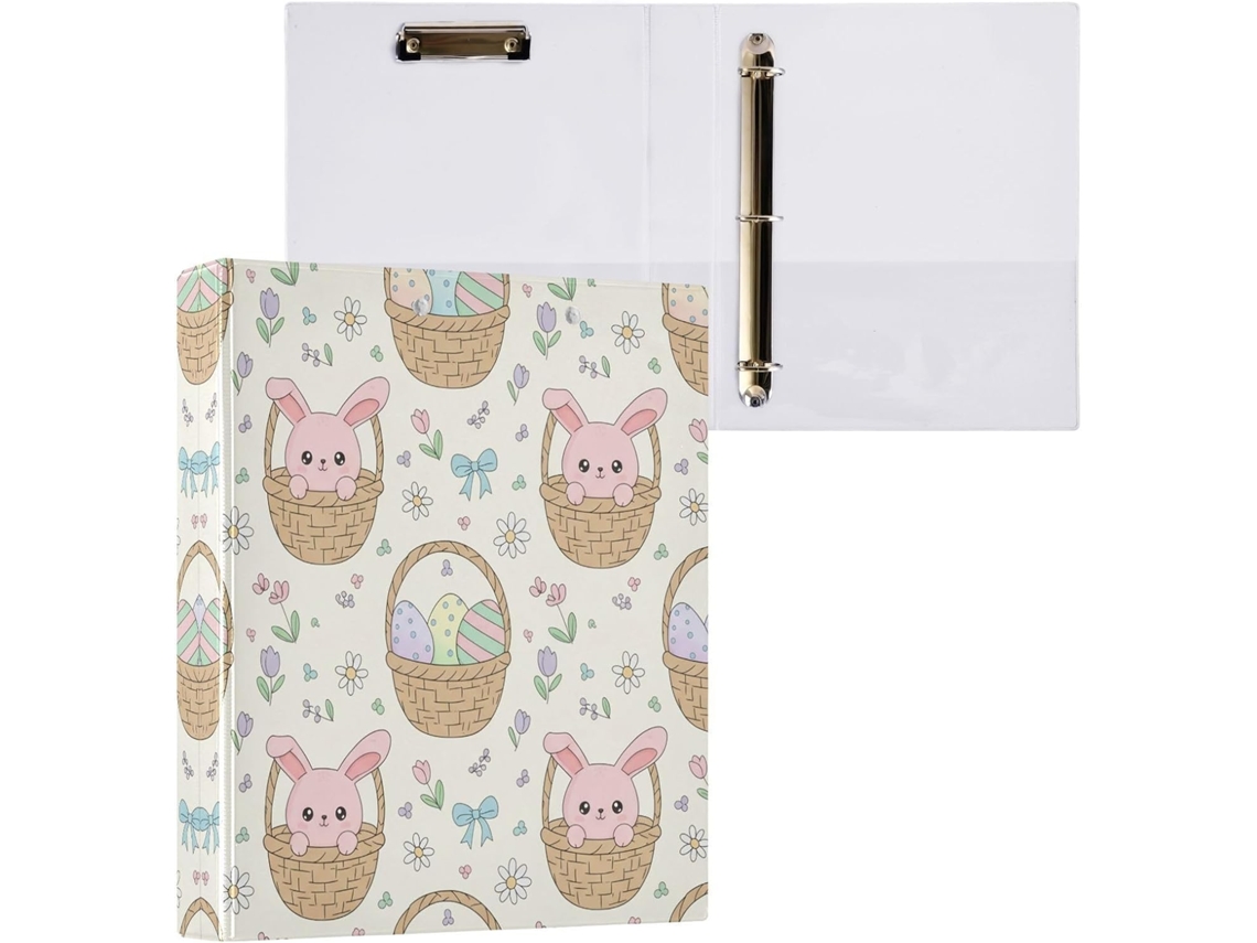 Pasta de 3 Argolas para Papel Tamanho Carta , Coelhinho da Páscoa Redondo e Fofo com Porta pra (27,9 X 21,6 Cm)