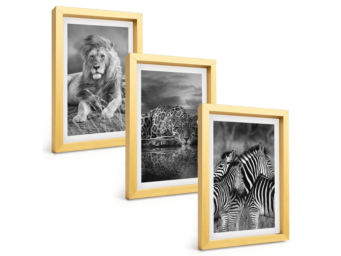 Conjunto De Pinturasanimais Selvagens, Savana Moldura Dourada Quadros Para A Sala De Estar Espelharte (3 Peças 20x30 Cm)