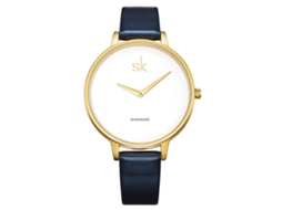 Relógio de Pulso Feminino Shengke Quartzo Pulseira Pu Ouro+azul Escuro
