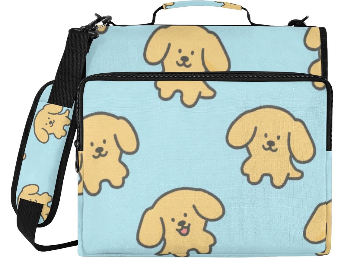Adesivo de mesa com 3 argolas, estampa animada de cachorrinho azul, para facilitar o transporte.