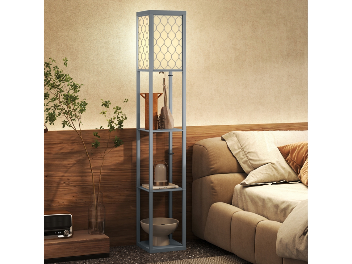 Floor Lamp With Shelf, 3 Compartments, Compact Dimensions, Mdf, Light Gray