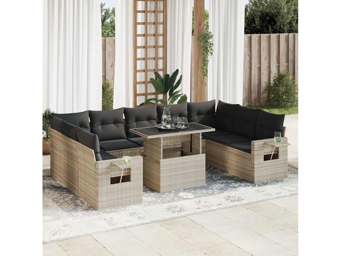 Vidaxl 10 Pcs Conj. Sofás Jardim com Almofadões Vime Pe Cinzento claro