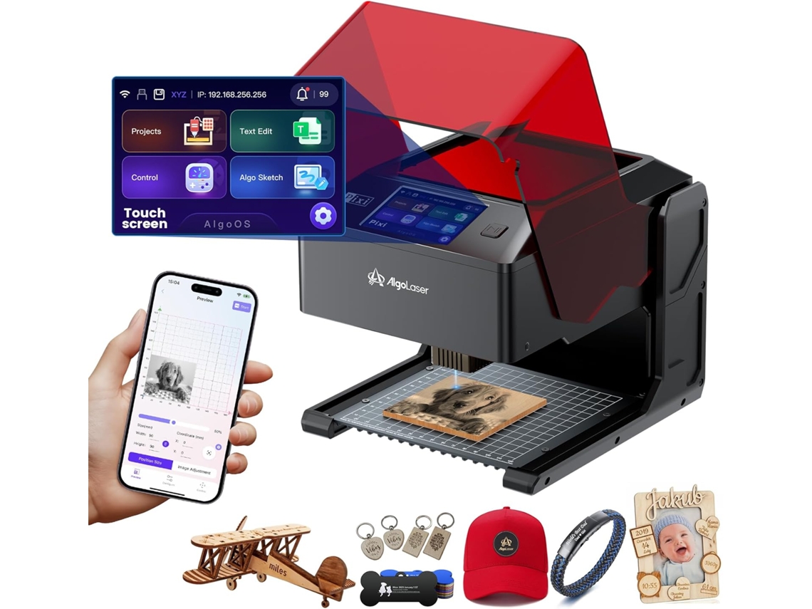 Máquina de Gravação a Laser 5w ALGOLASER Pixi, Portátil e Inteligente com Ecrã Táctil de 3,5", Área 100x100 Mm, Controlo por App, Preto