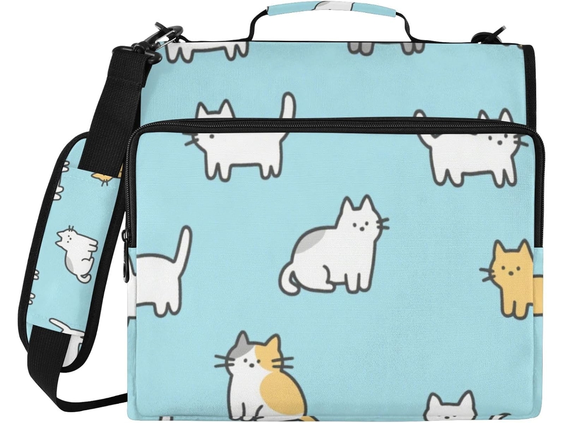 Mochila escolar com zíper de 1,5 polegadas, estampa de gato azul animado, 3 compartimentos com ajuste de altura e alça de ombro.