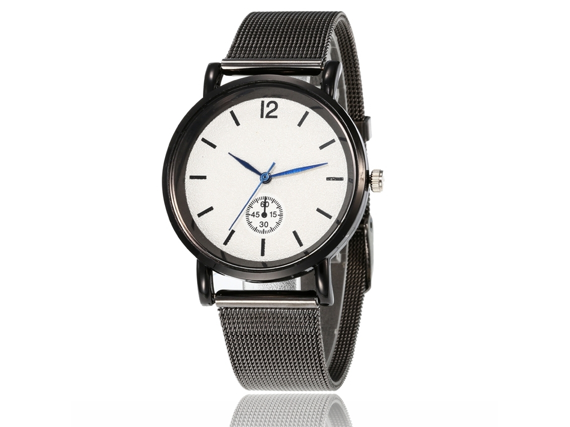 Relógio de pulso feminino moderno com mecanismo de quartzo, mostrador redondo e pulseira de metal.