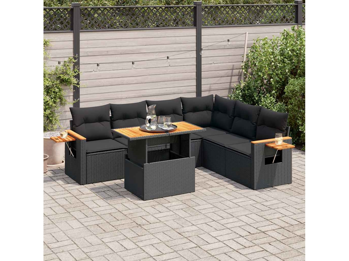 Vidaxl 7 Pcs Conjunto Sofás Jardim C/ Almofadões Vime Pe/acácia Preto