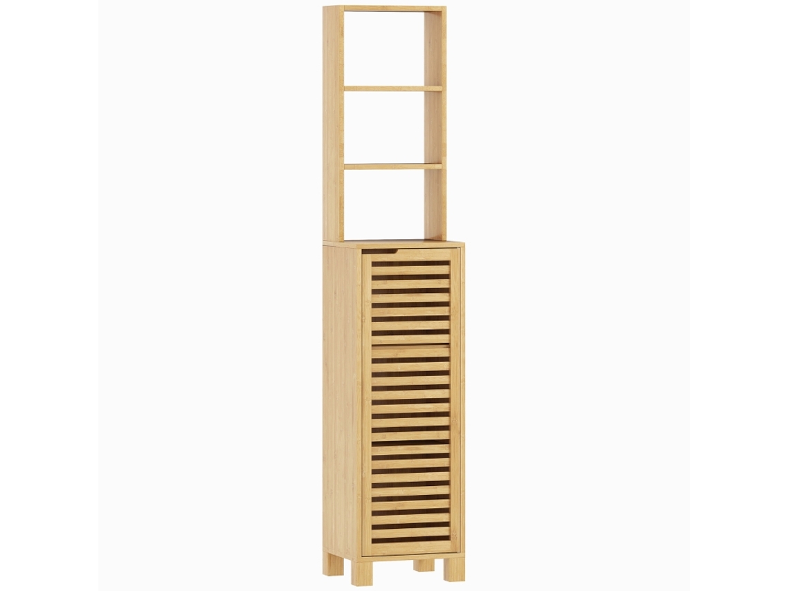 Armário Fino Para Banheiro, Alto Com 3 Prateleiras Abertas Ajustáveis, Porta Veneziana, 34x30x170 Cm, Natural.