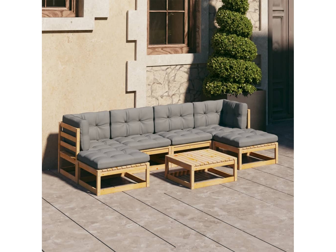 Conjunto Lounge Jardim 7 Peças C/ Almofadões Pinho Maciço Dkd Home Decor