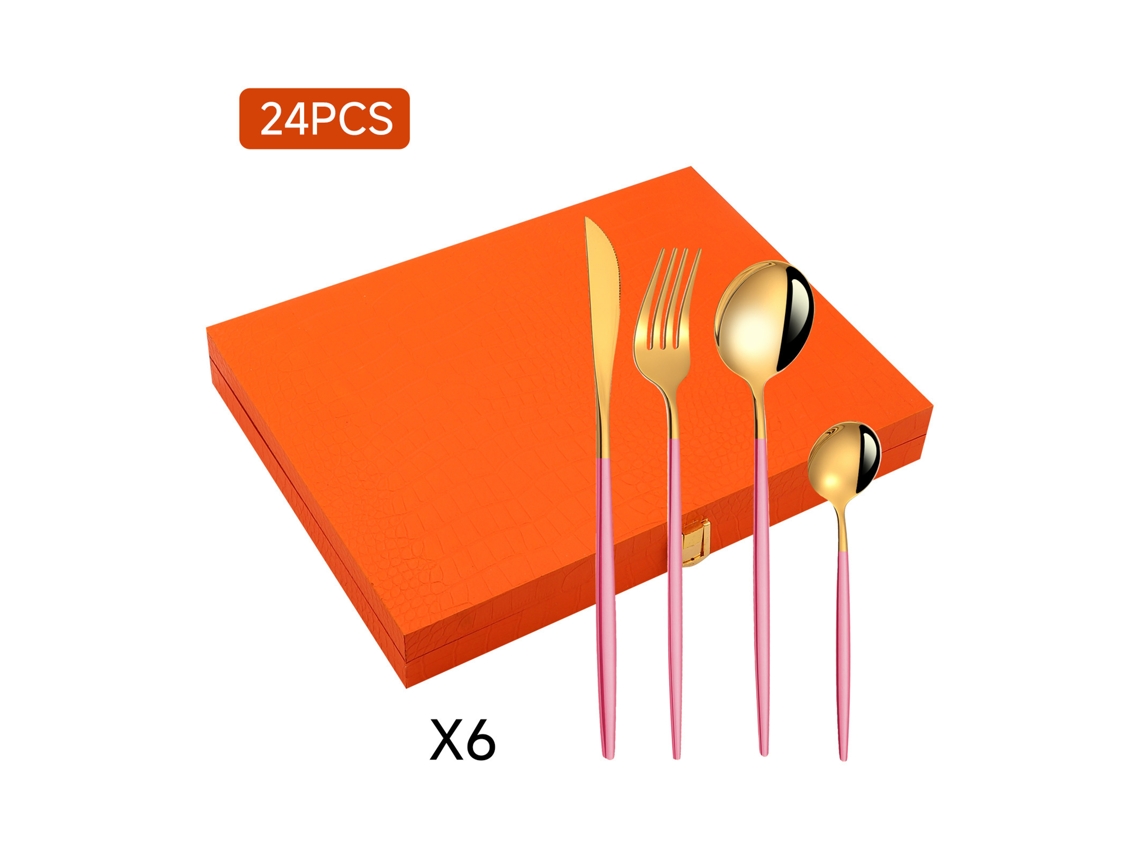 Conjunto De Talheres Inox 24 Peças Com Caixa Oferta - Rosa Dourado - Eifson