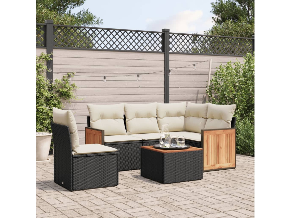 6 Pcs Conjunto Sofás De Jardim C/ Almofadões Vime Pe Preto Dkd Home Decor
