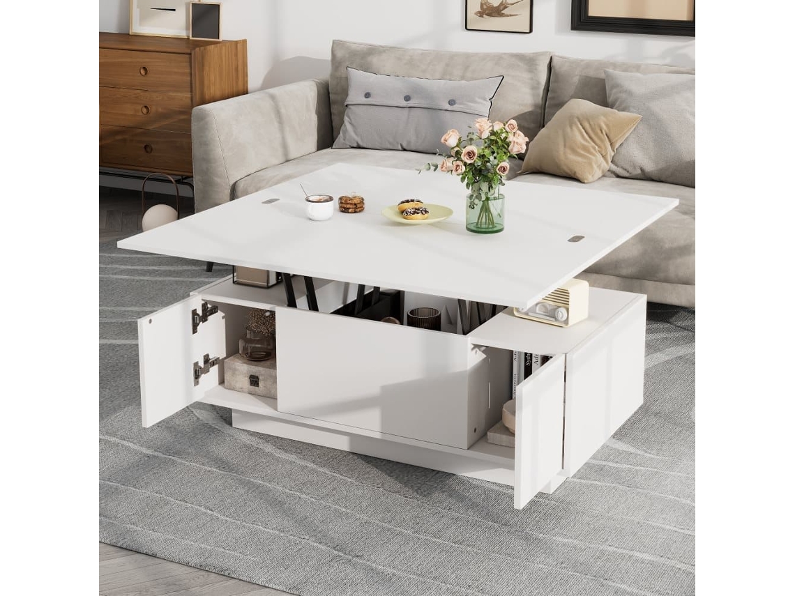 Mesa De Centro Moderna Com Mecanismo Duplo Elevável, Arrumação Oculta, Suporta Até 50 Kg - Branco