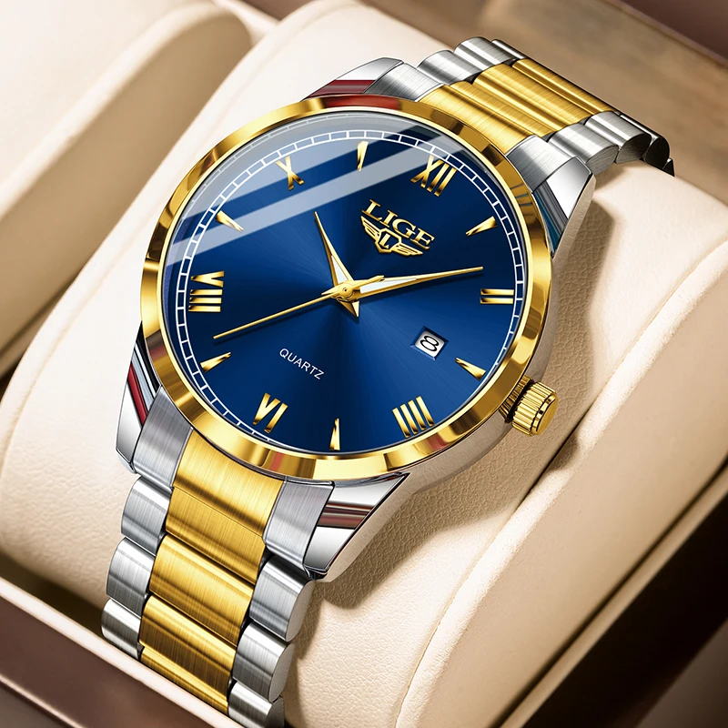 Relógio De Quartzo (dourado E Azul), Cronógrafo Com Data, Relógio De Pulso Luminoso À Prova D'água Para Esportes Ao Ar Livre