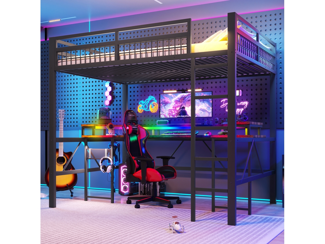 Cama Alta 140x200 Preta Com Led Rgb E Escrivaninha Usb-c