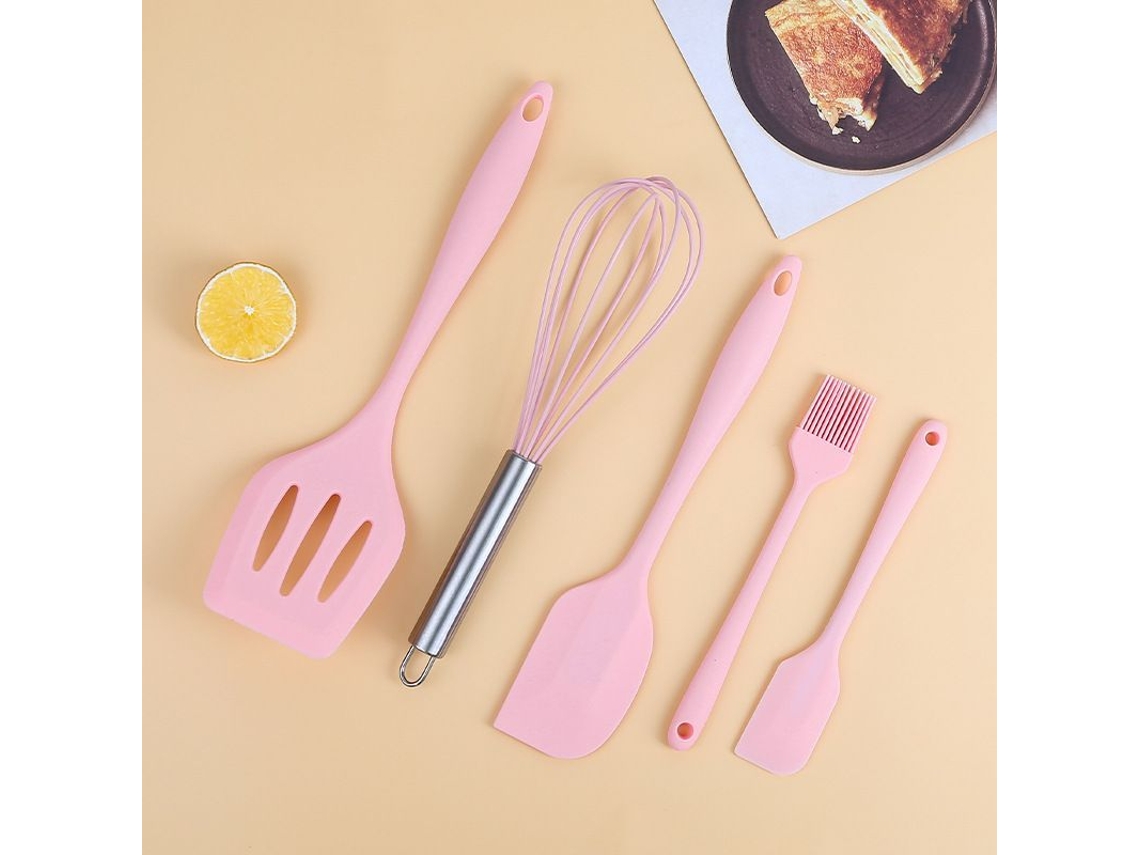 2026 conjunto de 5 Spatulas de Silicona, Escova, Espátula, Batedor para Cozinha, Assar, Misturar, Rosa
