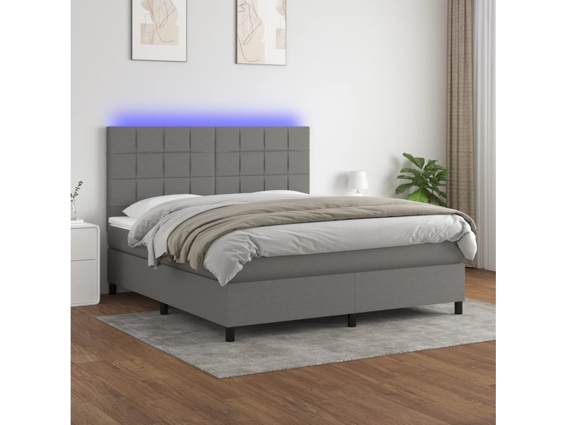 Vidaxl Cama Box Spring C/ Colchão E Led 180x200 Cm Tecido Cinza-escuro