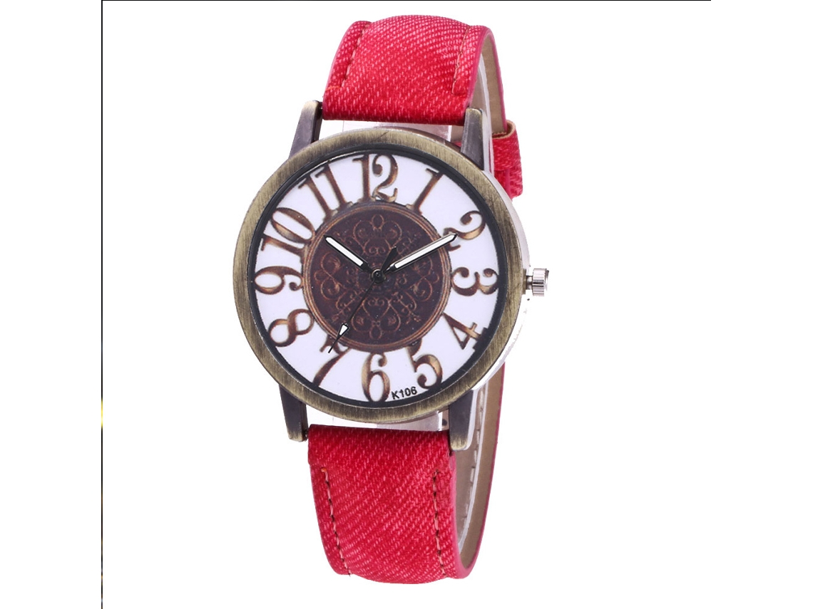 Relógio de quartzo unissex Zhoulianfa com pulseira de jeans e lona (rosa e vermelho)