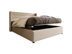 Cama De Casal Estofada Hidráulica Com Arrumação, Base De Ripas De Madeira, Bege, 160x200 Cm