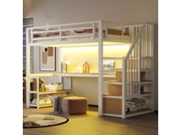 Cama De Ferro 90x200 Branco Com Led, Tomada, Estantes E Mesa