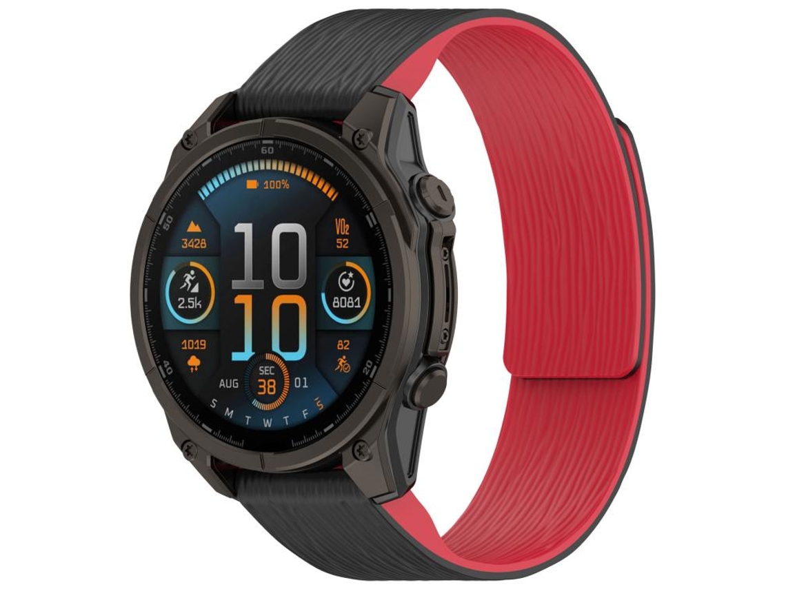 Bracelete Para Garmin (20mm) - Silicone Magnético - Listras Verticais - Liberação Rápida Preto E Vermelho