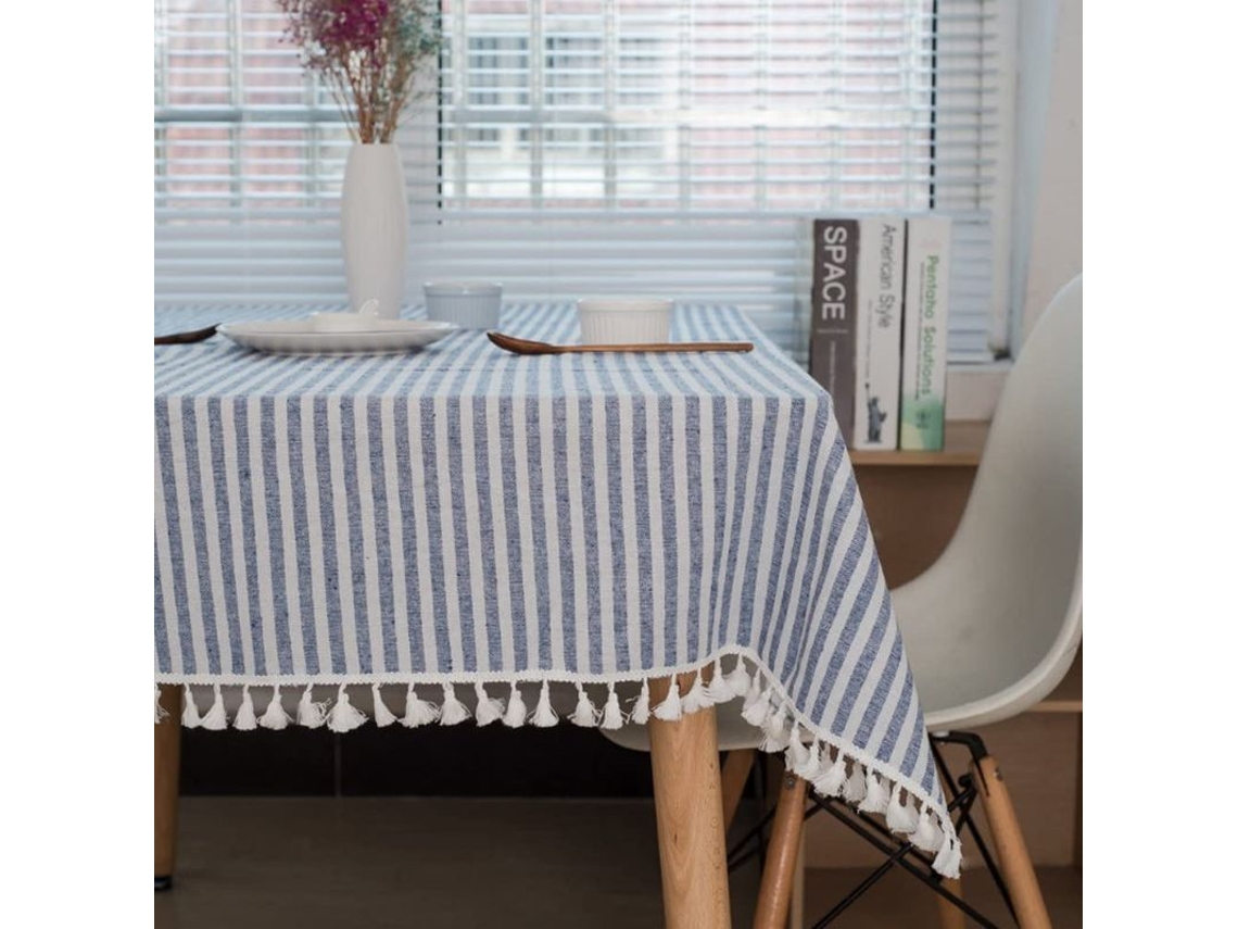 Manta de mesa retangular listrada, com franja de linho e algodão, 140x250cm, azul e branco | S/MARCA