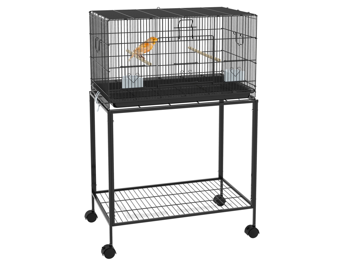 Gaiola Pássaros com Rodas Bandeja Amovível 2 Poleiros 2 Comedouros 77x46x119cm Preto S/MARCA