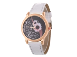 Reloj De Cuarzo De Cuero Pu Para Mujer Y Hombre Con Dial Redondo Y Patrón Floral Blanco