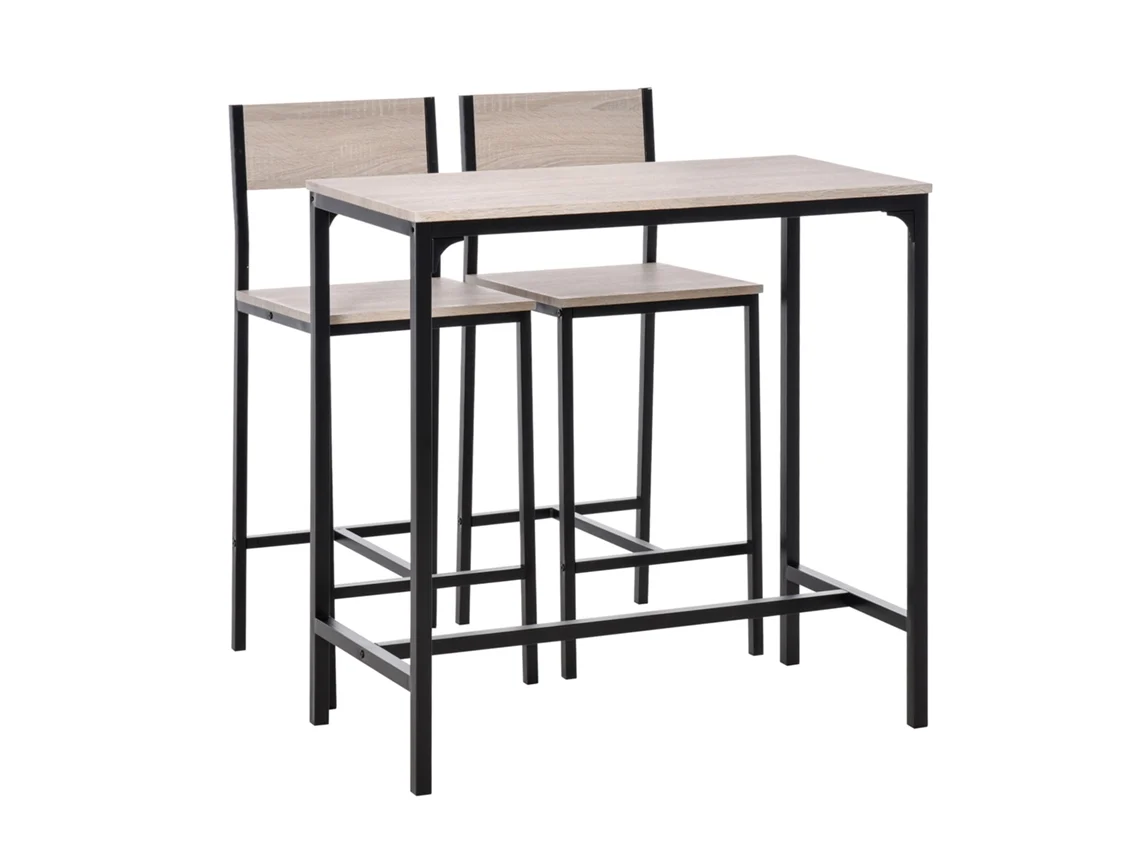 Conjunto de Mesa de Bar com 2 Bancos, Madeira e Preto