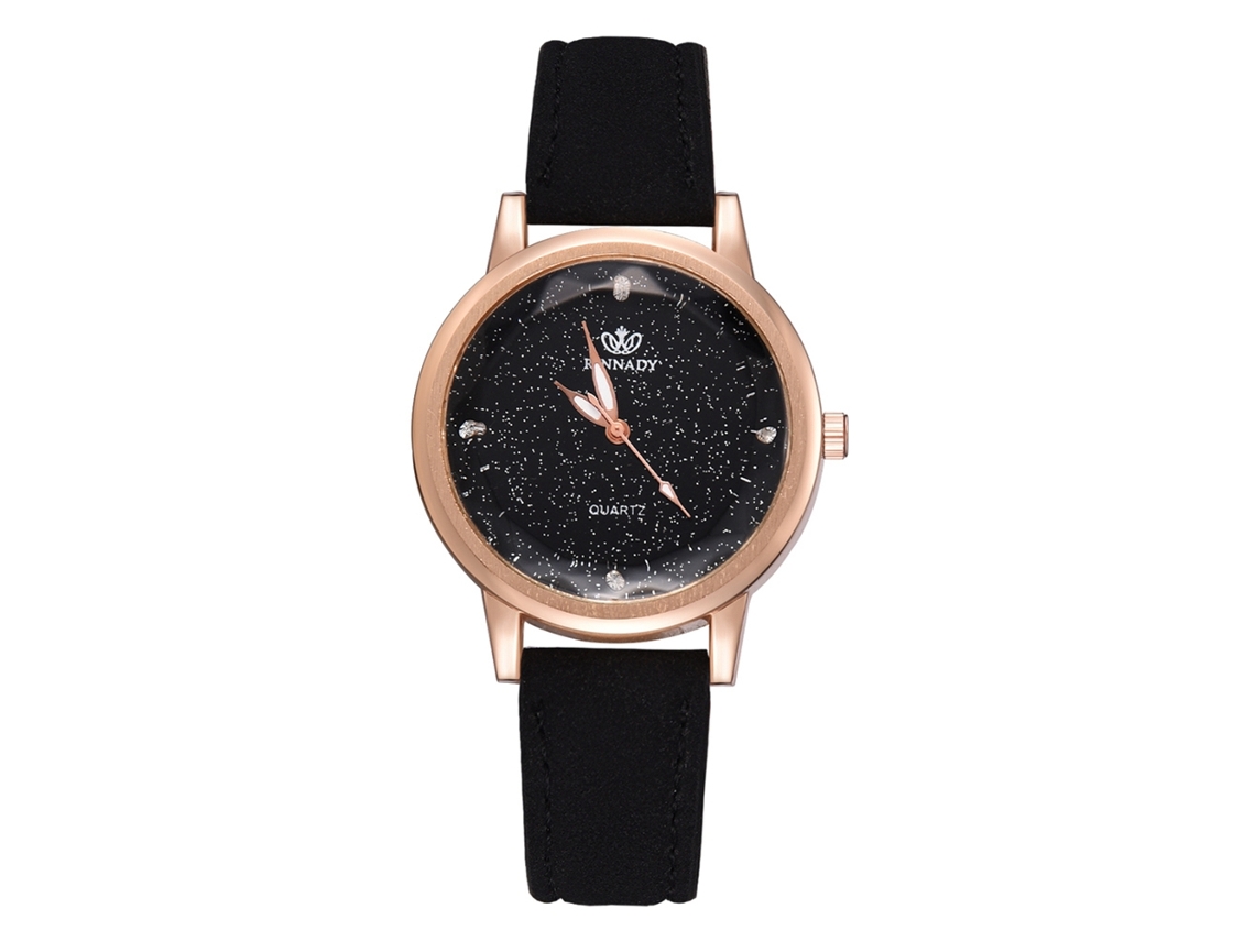 Relógio de Pulso Feminino com Pulseira Pu Estilo Moderno Dial Redondo Movimento de Quartzo Preto