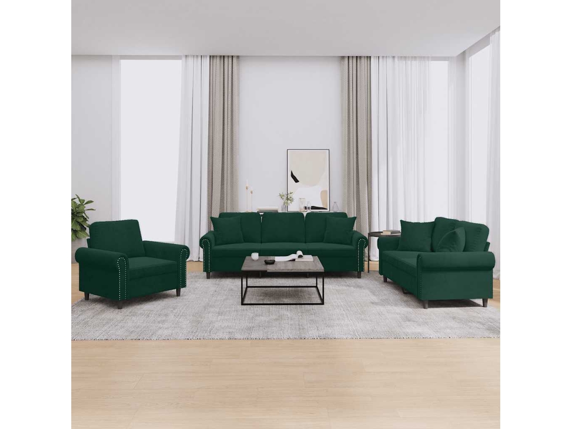 Vidaxl 3 Pcs Conjunto De Sofás Com Almofadas Veludo Verde-escuro
