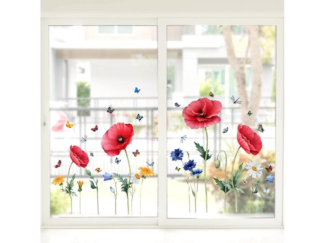 Adesivos Decorativos Para Janelas Com Flores, Adesivos Anticolisão, Libélula, Borboleta E Folhas Verdes, Autoadesivos Para Vidro