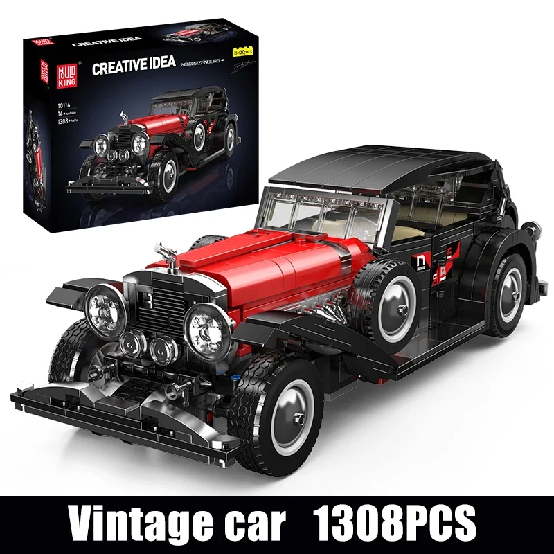 Kit de construção de carros clássicos vermelhos vintage com 1.308 peças, kit de construção de modelos técnicos, kit de peças colecionáveis educacionais criativas. Viewleaf