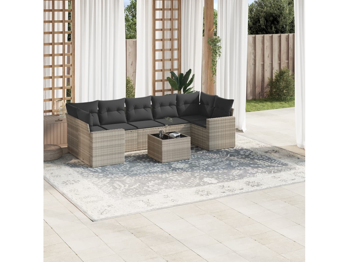 Vidaxl 8 Pcs Conj. Sofás Jardim C/ Almofadões Vime Pe Cinzento-claro